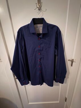 Twillory Trim Fit Navy Dress Shirt with Contrasting Red Buttons -